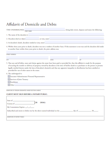 affidavit of domicile and debts