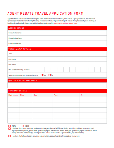agent rebate travel application form template