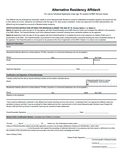 alternative residency affidavit template
