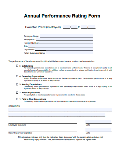 annual performance rating form template