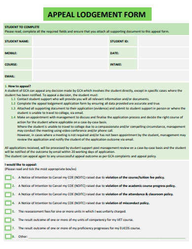 appeal lodgement form template