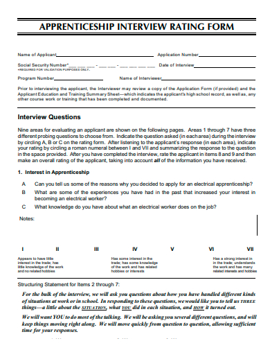 apprenticeship interview rating form template