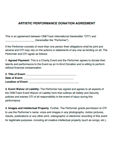 artistic performance donation agreement template
