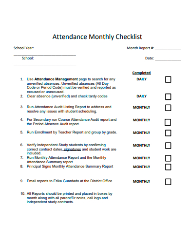 attendance monthly checklist template