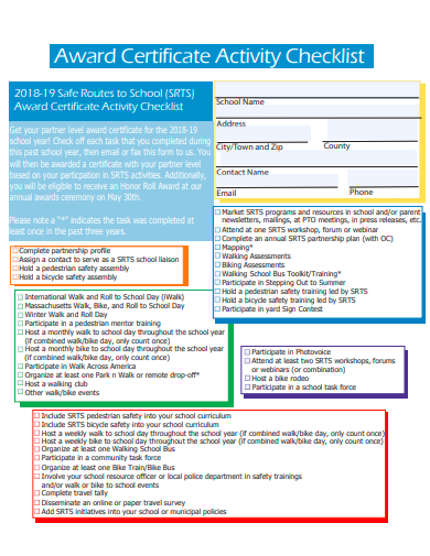 award certificate activity checklist template