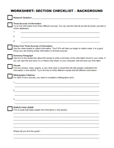 background worksheet checklist