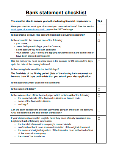 bank statement checklist template
