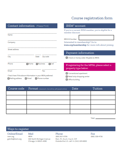 basic course registration form template