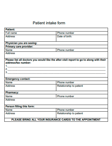 basic patient intake form template