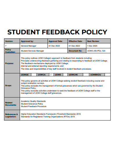 basic student feedback policy template