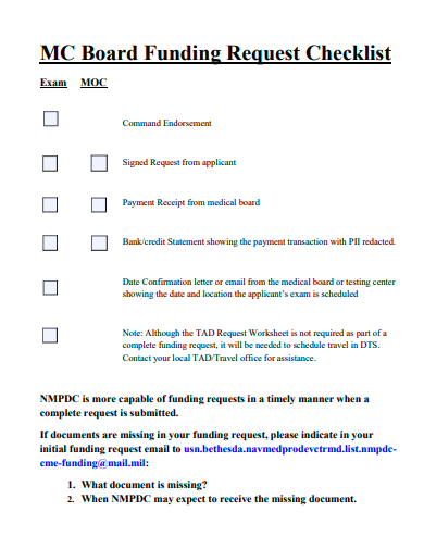 board funding request checklist template