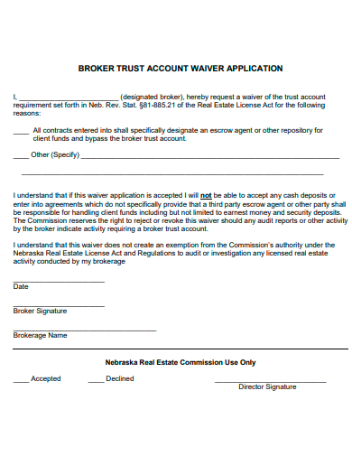broker trust account waiver application template