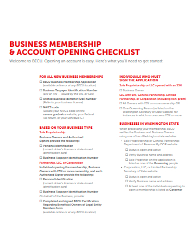 business membership and account opening checklist template
