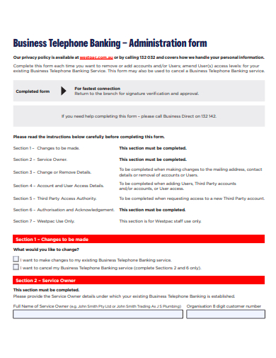 business telephone banking administration form template