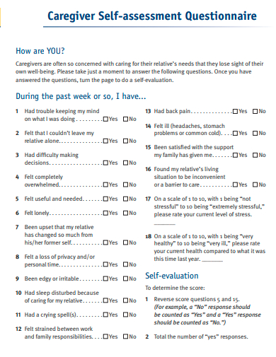 caregiver self assessment questionnaire template