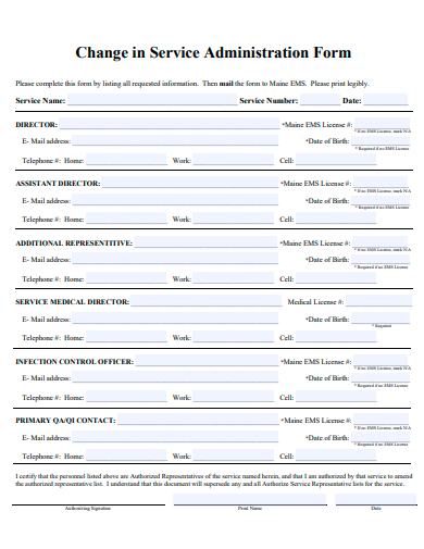 change in service administration form template