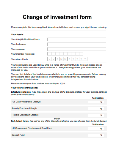 change of investment form template