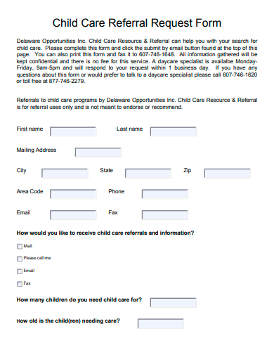 child care referral request form template