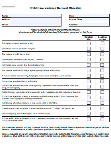 child care variance request checklist template