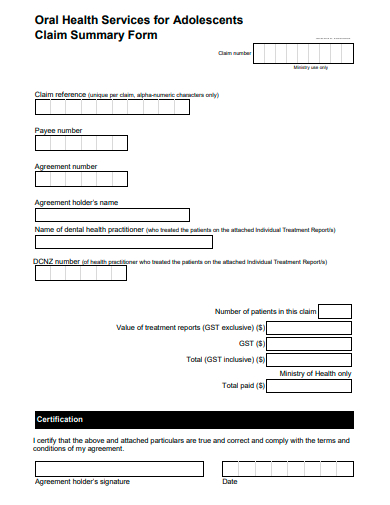 claim summary form template