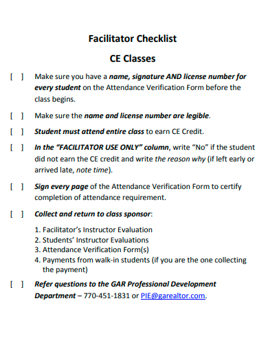 classes facilitator checklist template