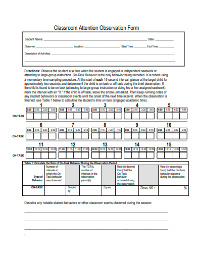 classroom attention observation form template