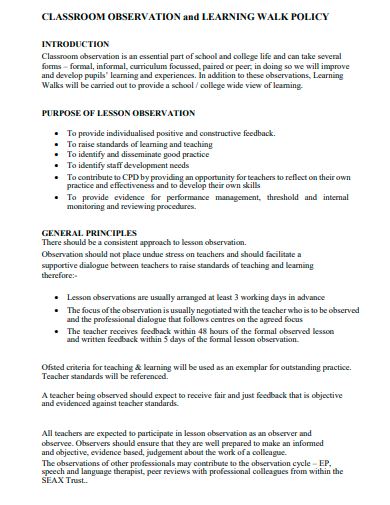 classroom observation and learning walk policy template