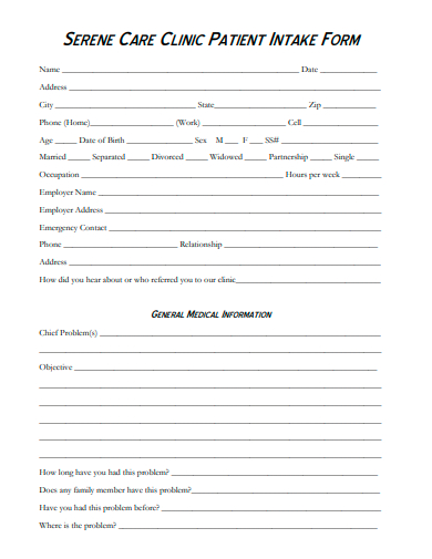 clinic patient intake form template
