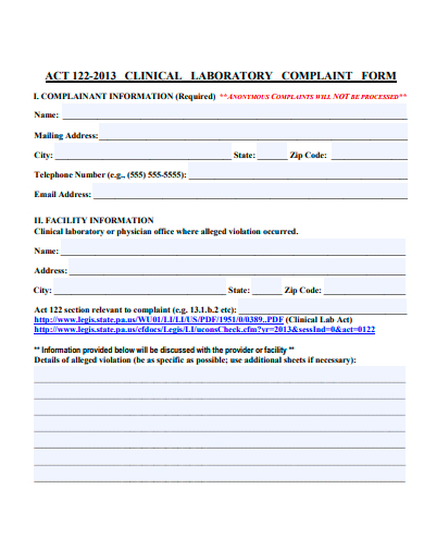 clinical laboratory complaint form template