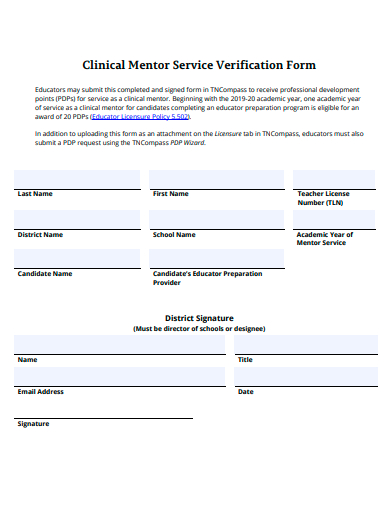 clinical mentor service verification form template