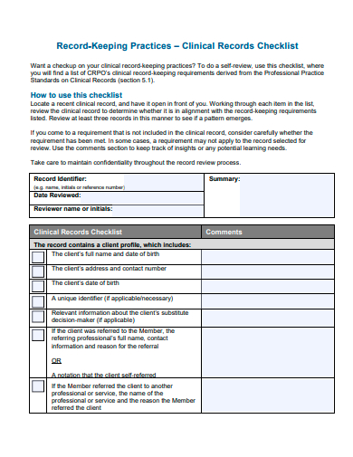 clinical record checklist template