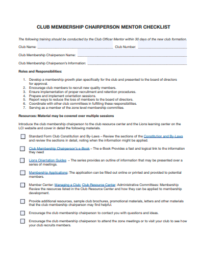 club membership chairperson mentor checklist template