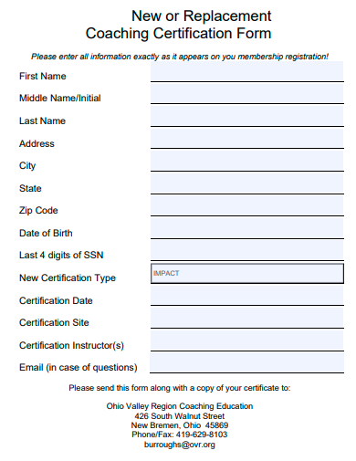 coaching certification form template