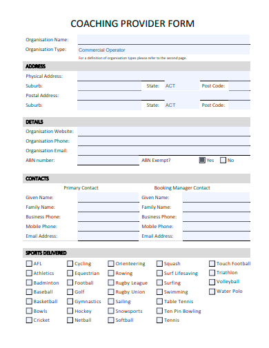 coaching provider form template