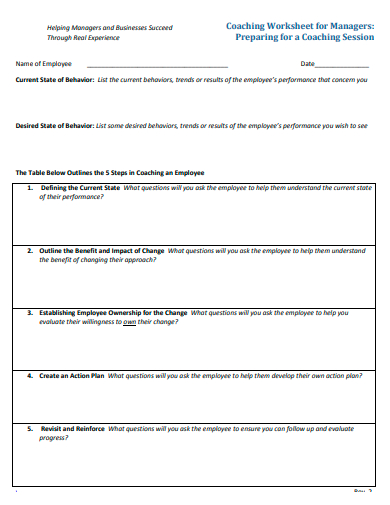 coaching worksheet for managers template