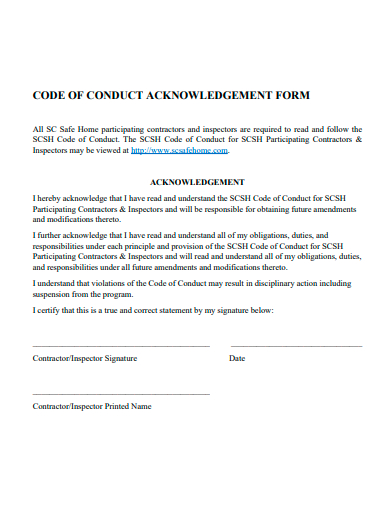 code of conduct acknowledgement form template