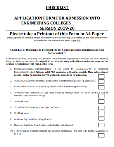 college application form checklist