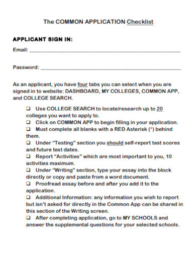 college common application checklist