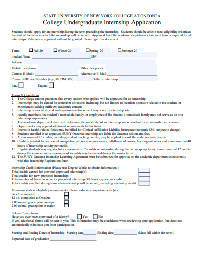 college undergraduate internship application template