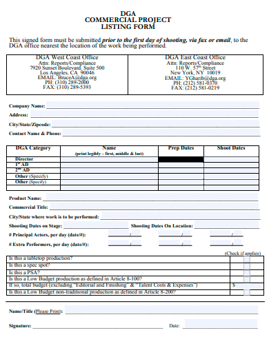 commercial project listing form template
