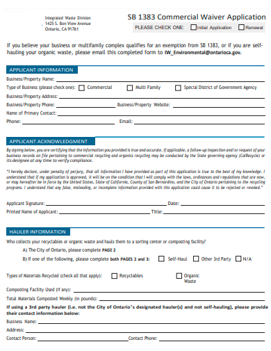 commercial waiver application template
