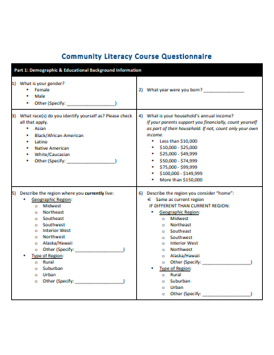 community literacy course questionnaire template