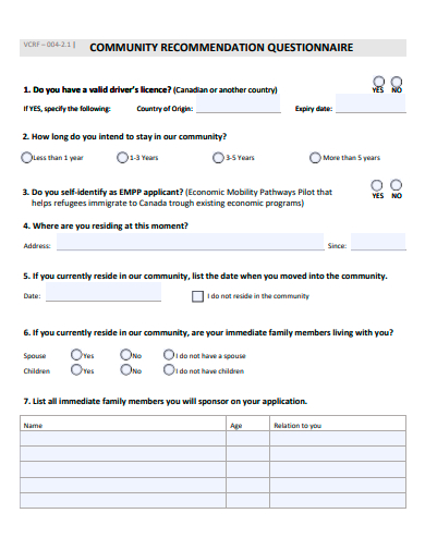 community recommendation questionnaire template