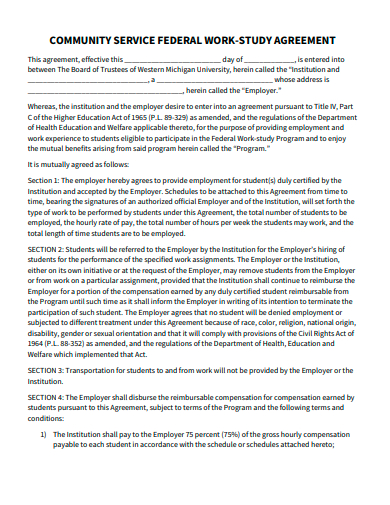 community service federal work study agreement template