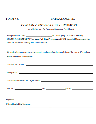 company sponsorship certificate template