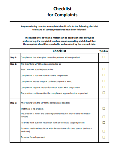 complaint checklist template