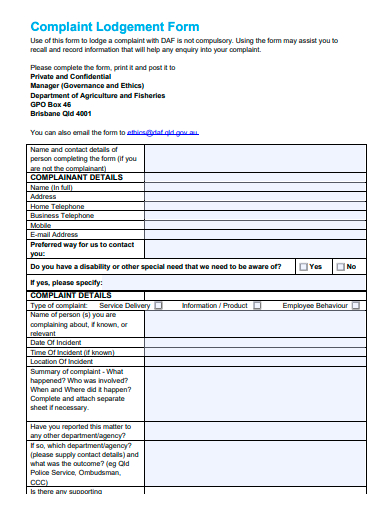 complaint lodgement form template