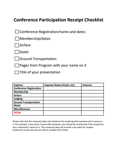 conference participation receipt checklist template