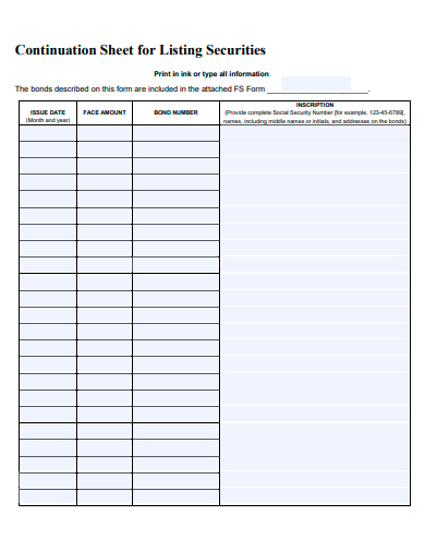 continuation sheet for listing securities template