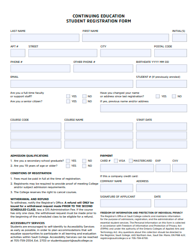 continuing education student registration form template